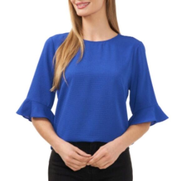 CeCe Ruffled-Cuff 3/4-Sleeve Crew Neck Blouse Womens Small Royal Blue Top - Picture 1 of 7